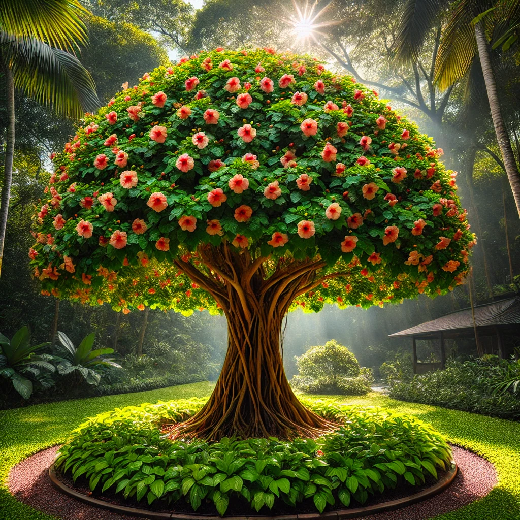 Foto van een boomachtige hibiscus in de tuin met een uitgebreide kroon, die zijn schaal toont