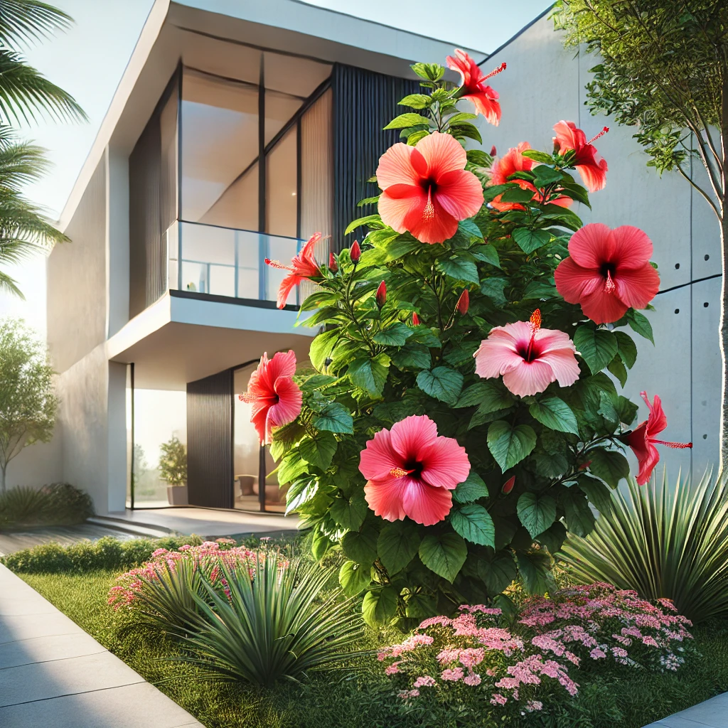 Foto van een fel bloeiende hibiscus, geplant bij een modern huis, dat de harmonie van de plant en architectuur toont