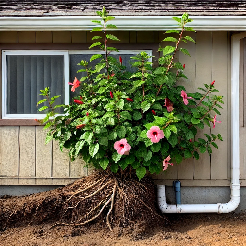 Foto van een onjuiste plaatsing van hibiscus bij het huis