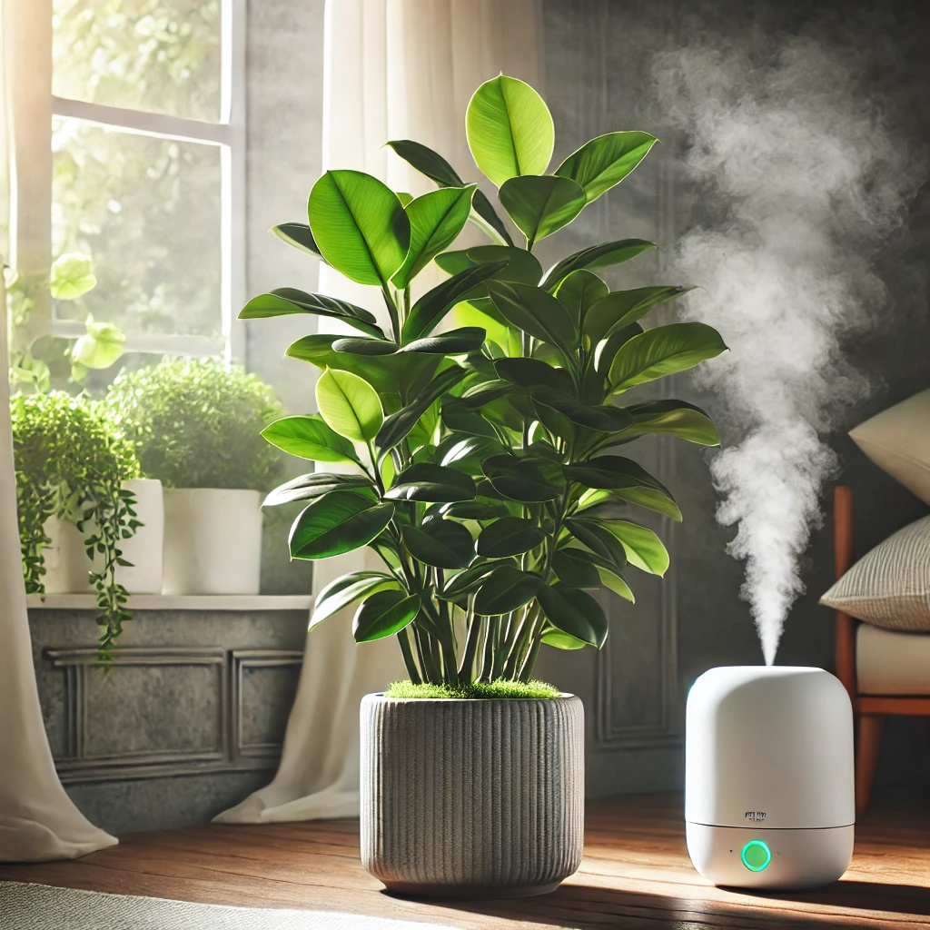 imagen del ficus en condiciones óptimas de cuidado – por ejemplo, una planta junto a una ventana con luz natural y un humidificador