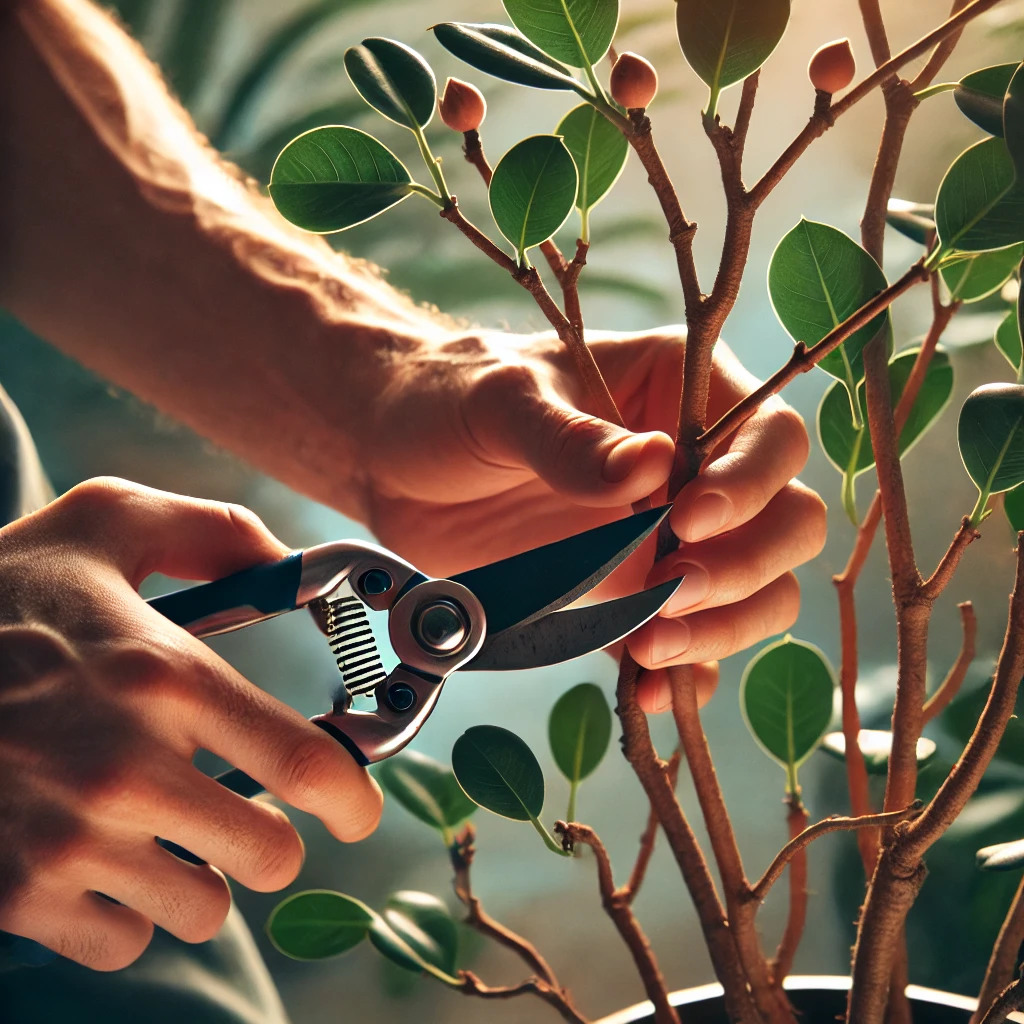 imagen de la poda del ficus – énfasis en la eliminación de ramas dañadas y la técnica correcta de poda