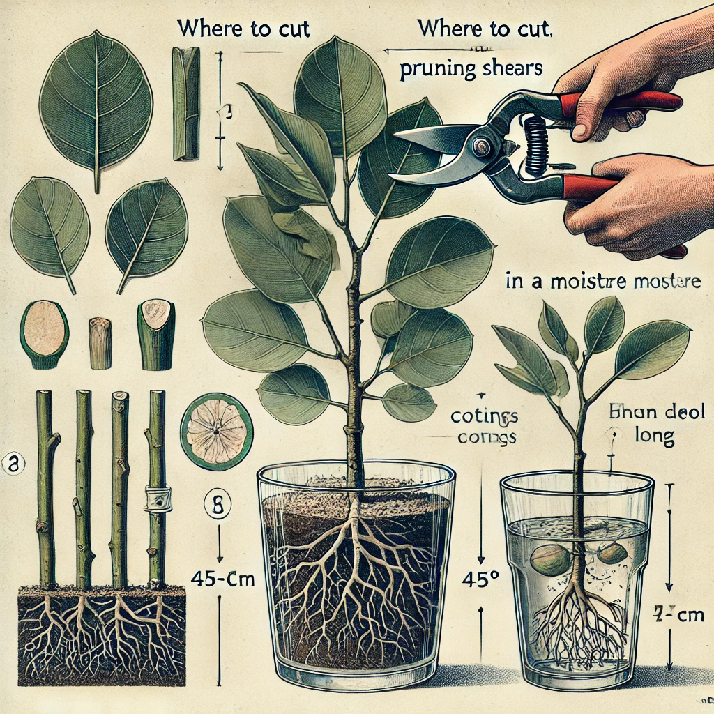 imagen del proceso de toma de esquejes del ficus – ilustración del corte correcto de ramas y su colocación en el sustrato